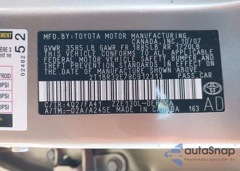 2008 Toyota Corolla Ce from USA, damaged, VIN 2T1BR32E78C912313